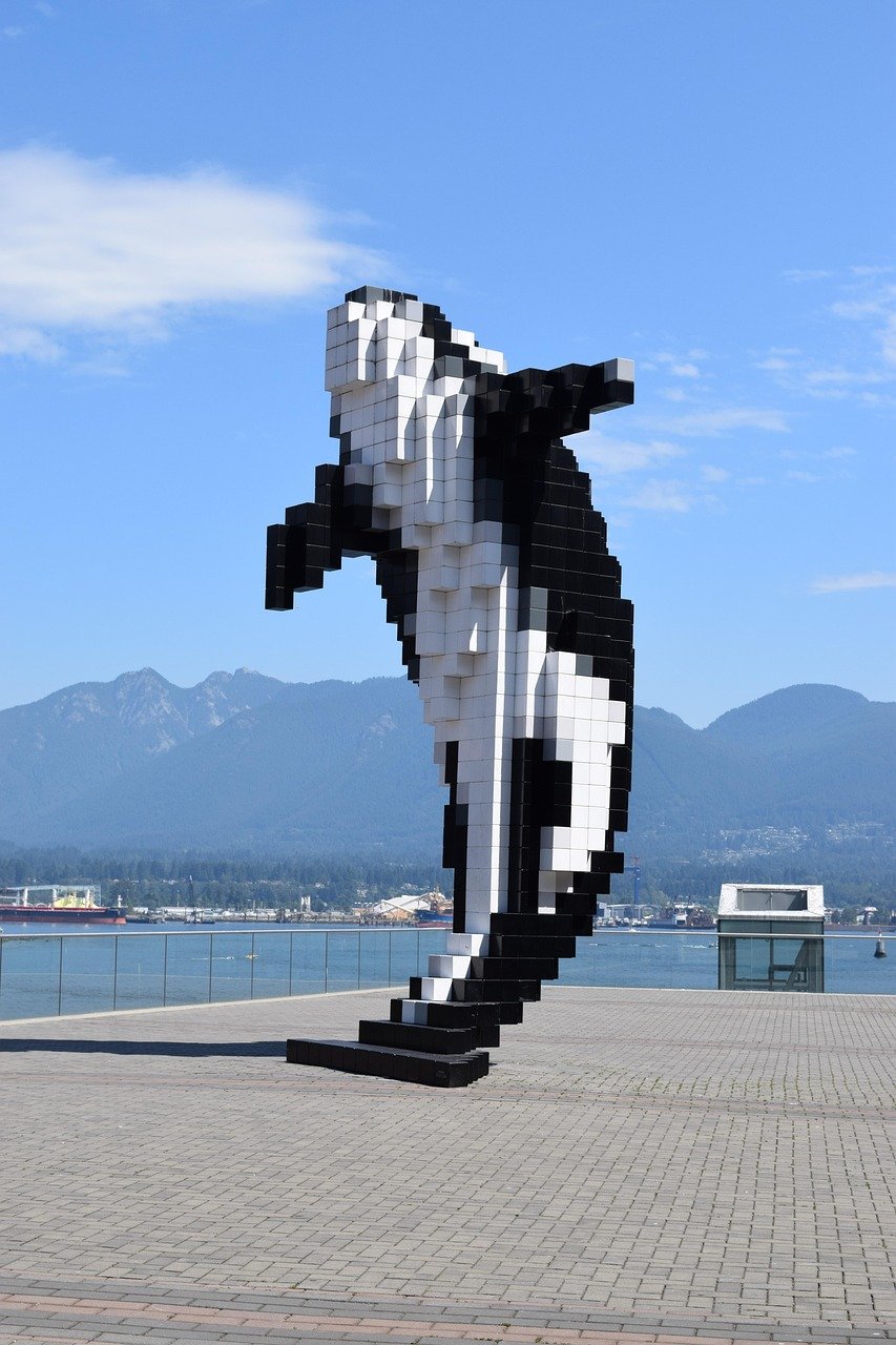 whale, vancouver, mountains, tourism, free willy, statue, lego, coastline, canada, bc, pacific, nature, blue, blue lego